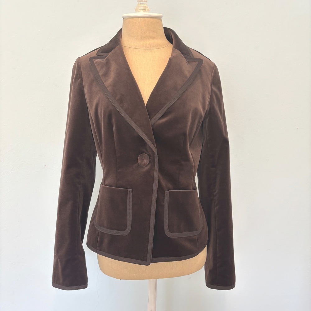 Ann Taylor Velvet Blazer Women Size 2 Brown Ribbon Trim Single Button Tailored